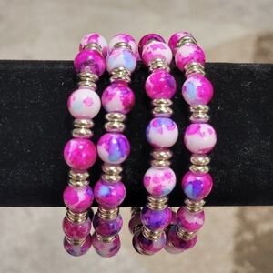 𝅺handmade Stretch Bracelet with Pink, Blue, Purple and White  Set of 4 pc